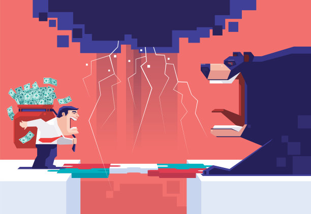 商人拿着一袋钞票，在拼图桥上遇到愤怒的熊图片下载