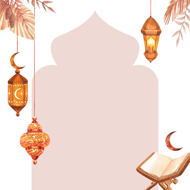 水彩框架金灯灯笼与蜡烛和干花。手绘插图孤立在白色背景。为伊斯兰教的庆祝节日斋月卡里姆，开斋节，阿拉伯设计。图片下载