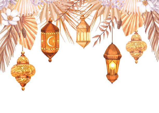 水彩框架金色灯灯笼与蜡烛和阿拉伯印花。手绘插图孤立在白色背景。为伊斯兰教庆祝节日斋月，开斋节，阿拉伯式设计。图片下载