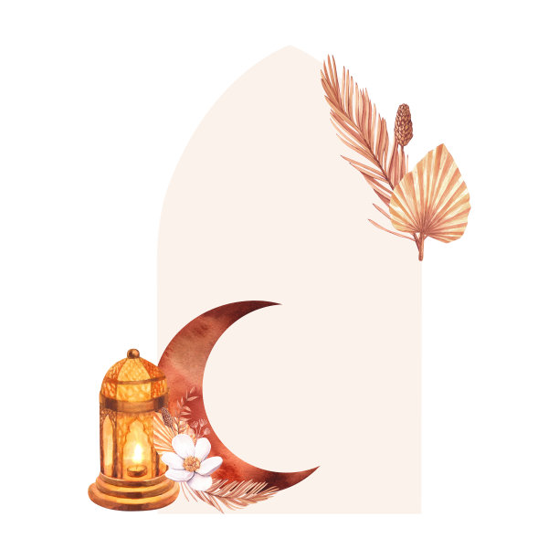 水彩框架金灯灯烛，月亮和干花。手绘插图孤立在白色背景。为伊斯兰教的庆祝节日斋月卡里姆，开斋节，阿拉伯设计。图片下载