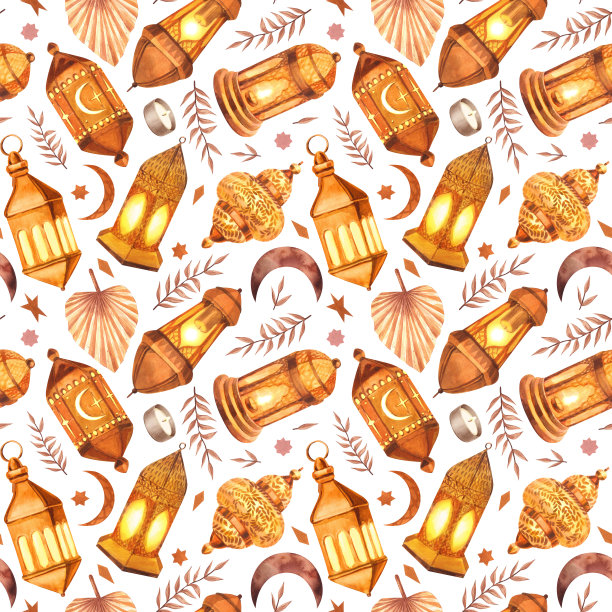 水彩画无缝图案伊斯兰物体。手绘插图孤立在白色背景。为伊斯兰教的庆祝节日斋月卡里姆，开斋节，阿拉伯设计。图片下载