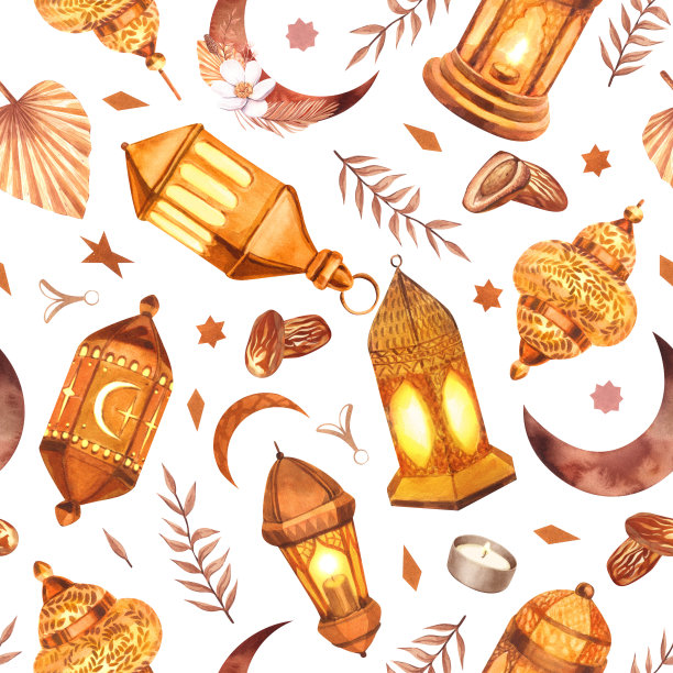 水彩画无缝图案伊斯兰物体。手绘插图孤立在白色背景。为伊斯兰教的庆祝节日斋月卡里姆，开斋节，阿拉伯设计。图片下载