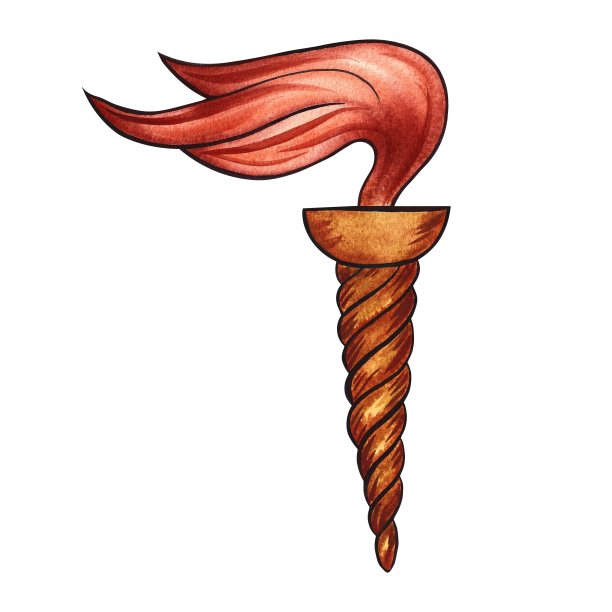 古希腊的火炬。白底金色徽章。手绘水彩插图。隔离。用于设计横幅，包装和标签。用于明信片、印刷品和纺织品。图片下载