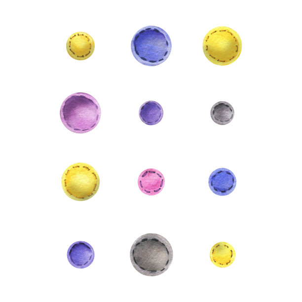 用毛毡织物缝制的珠子，不同颜色的黄色，蓝色，灰色，粉红色，用线缝。水彩插图，手绘。白色背景上的一组孤立元素。图片下载