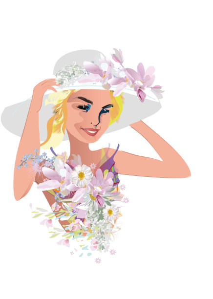 美丽的女孩的脸，卷曲的头发装饰着鲜花和蝴蝶，她的手在线。图片下载