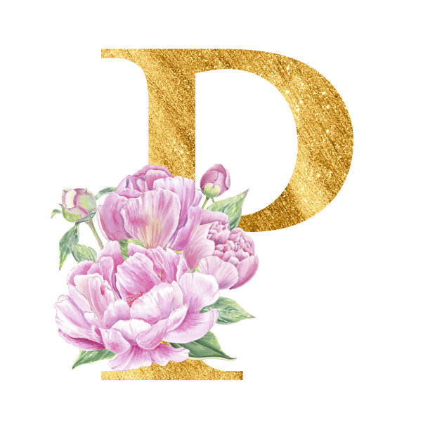 水彩金色英文字母。牡丹属植物蔷薇花枝花束组成。婚礼请柬，婴儿派对，生日贺卡，字母组合，标志。为设计而艺术。白色背景上的字母P图片下载