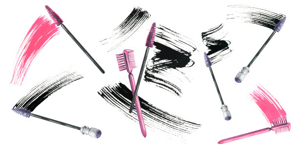 用涂上黑色和粉色颜料的睫毛刷和眉毛刷。水彩插图，手绘。白色背景上的一组孤立元素图片下载