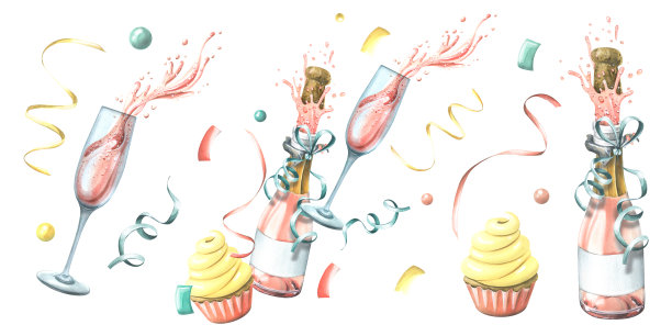 一瓶和一杯粉色香槟，配上纸杯蛋糕、五彩纸屑和彩带。水彩插图手绘。白色背景上的一组孤立元素。图片下载