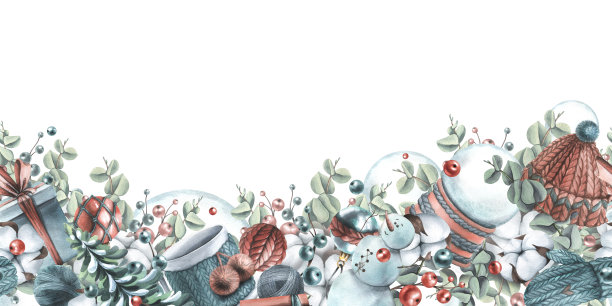 冬季，新年，圣诞节无缝边框雪人，针织的东西，棉花，圣诞球，玩具，礼品。水彩插图手绘在一个白色的背景。图片下载