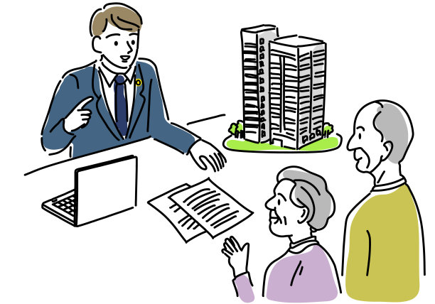 律师向老夫妇讲解房地产绘图插图图片下载