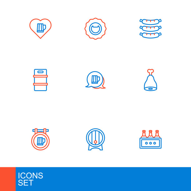 设置线包装啤酒瓶，木桶在架子上，街道招牌，鸡腿，金属桶，马克杯，香肠和开瓶器图标。向量图片下载