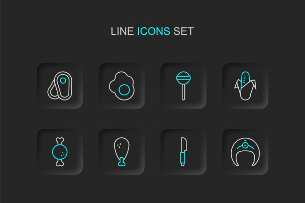 集线鱼牛排，刀，鸡腿，玉米，棒棒糖，炒鸡蛋和牛排肉图标。向量图片下载