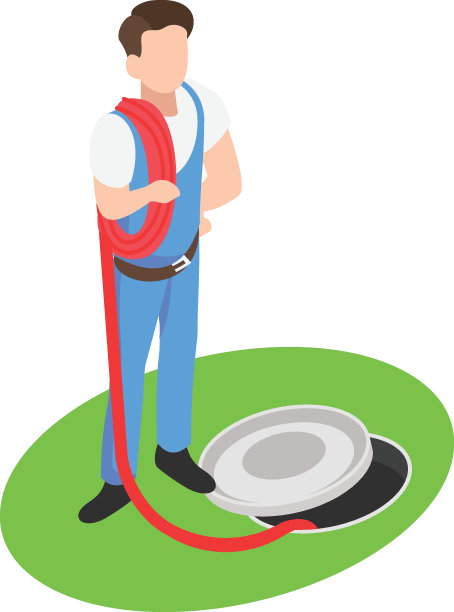 手动污水清洁器加速等距概念，水管工在主孔附近拿着红绳矢量图标设计，水管工设备符号，拾捡者服务工作标志，卫生技术员库存插图图片下载