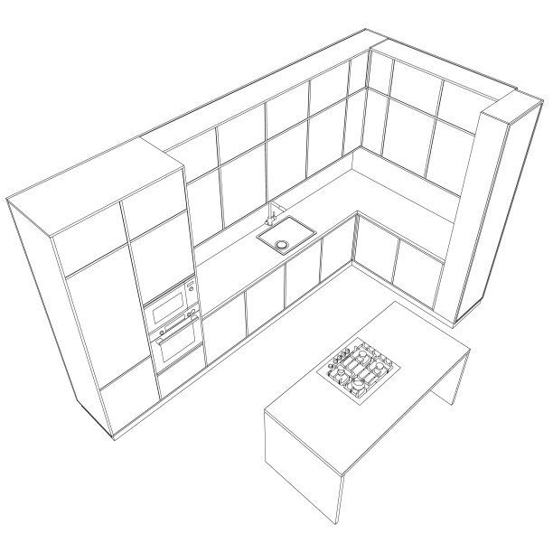 厨房室内轮廓。用现代家具勾勒厨房蓝图设计。时尚的厨房内部充满了现代家具，家用电器，烹饪设施。图片下载