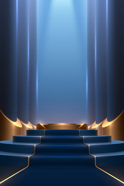 蓝色和金色的讲台，有地毯和柱子图片下载