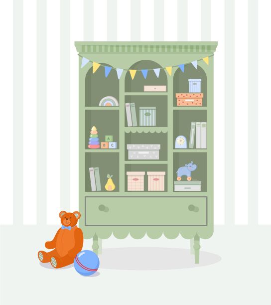 木制的绿色橱柜，里面有儿童玩具、书籍、储物箱、泰迪熊、球，背景是条纹墙纸。图片下载