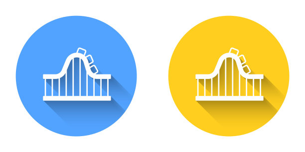 白色过山车图标孤立的长阴影背景。游乐园。儿童娱乐乐园、休闲公园。圆按钮。向量图片下载