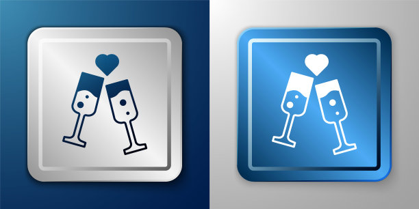 香槟图标的白色玻璃隔离在蓝色和灰色的背景。情人节快乐。银色和蓝色的方形按钮。向量图片下载