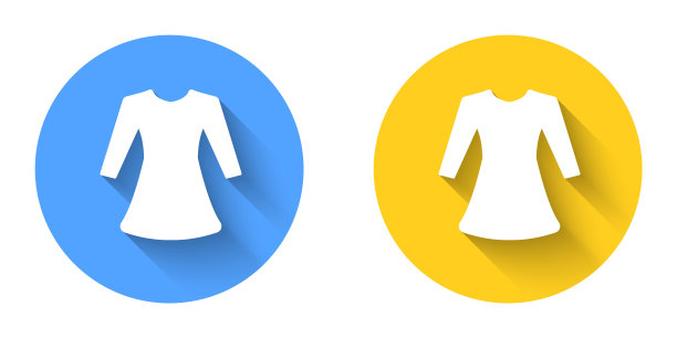 白色妇女服装图标孤立的长阴影背景。衣服的迹象。圆按钮。向量图片下载