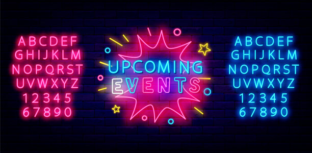 即将举行的活动霓虹灯会徽。派对、展览和销售海报。五彩纸屑烟花框架。矢量股票插图图片下载