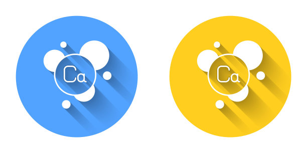 白色的钙元素图标孤立在孤立的长阴影背景上。圆按钮。向量图片下载