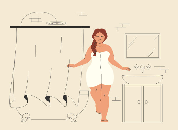 幸福丰满的女人在浴室矢量插图。图片下载