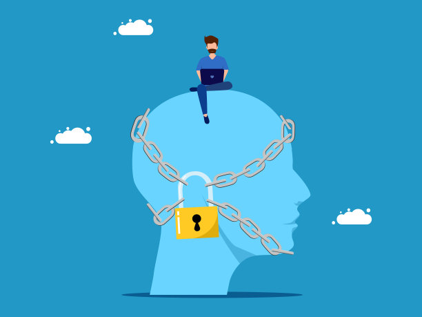 关闭思绪。男人和头用挂锁锁着图片下载