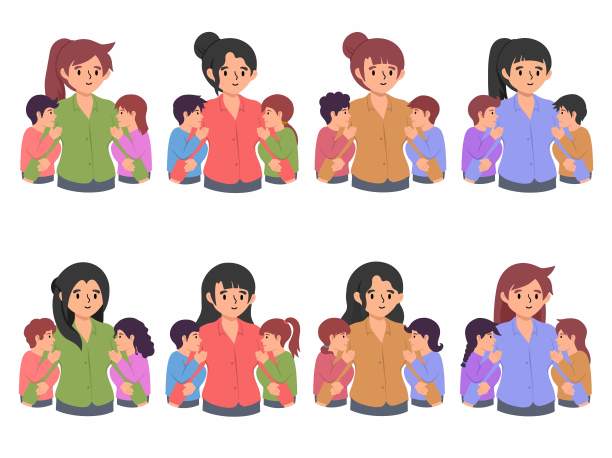 母亲节人物人物插画。手绘母亲节插图。母亲两个孩子或儿童插图。母亲拥抱儿子和女儿插图。母亲抱着婴儿图片下载