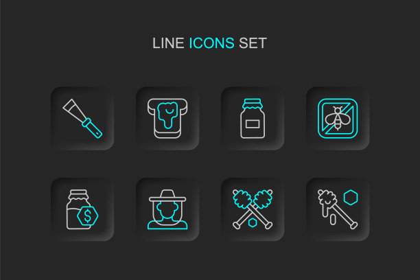 设线蜂蜜勺棒，养蜂人与保护帽，在蜂蜜罐，停止蜜蜂，罐子，面包和养蜂刀图标销售。向量图片下载