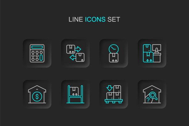 设置线仓库检查，纸箱在托盘上，内部，价格，时钟，交通标志和计算器图标。向量图片下载