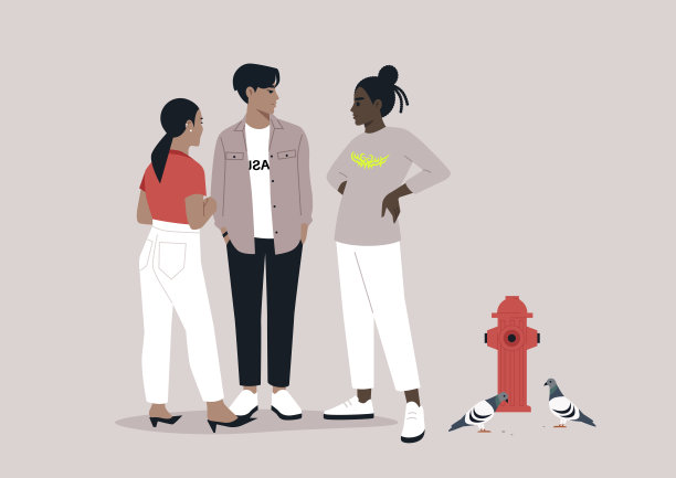 在城市氛围中，三个年轻的潮人在街上相遇，在一个消防栓和一群鸽子附近交谈图片下载