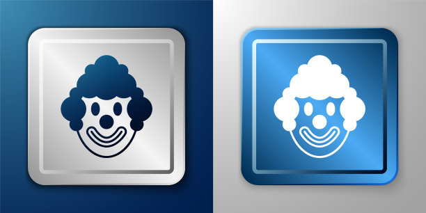 白色小丑头图标隔离在蓝色和灰色的背景。银色和蓝色的方形按钮。向量图片下载