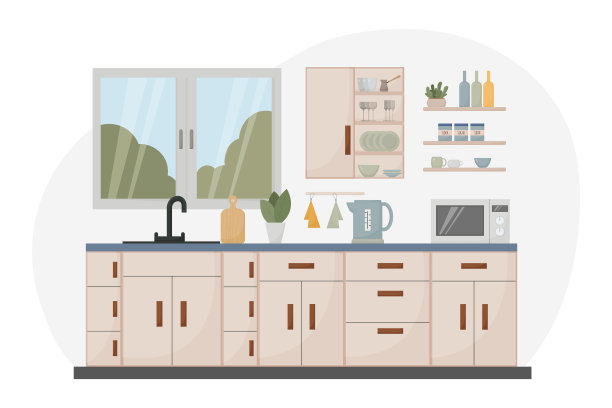 现代厨房内部，平面风格，家具，盘子，电器，毛巾，水槽，窗户，微波炉，酒杯，马克杯，水壶，矢量插图图片下载