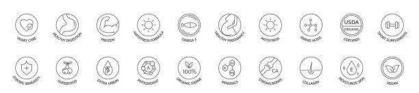 补充和维生素线图标集。营养的迹象。有机，生物，素食食品标签。蛋白质，天然益生菌标志包装。健康的产品。排毒饮食徽章。清洁皮肤。矢量图图片下载