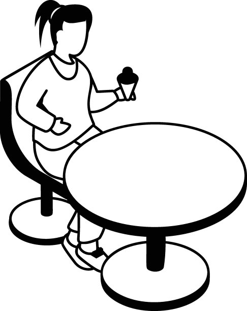 美丽的女孩坐在夏天的咖啡馆和吃冰淇淋在一个华夫饼甜筒等长概念矢量图标设计，空闲时间的活动符号，课外活动标志，爱好兴趣股票图片下载