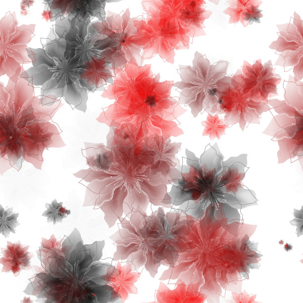 红色，黑色和棕色的透明花朵在白色的背景。无缝模式。包装、纺织、印花用图案图片下载