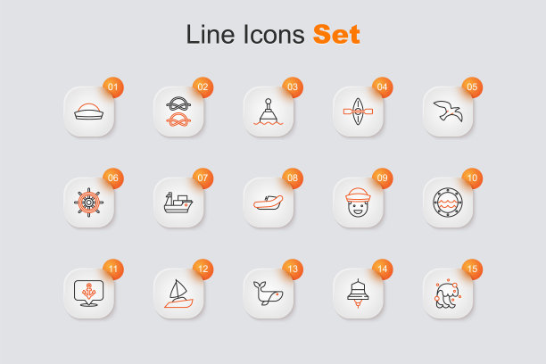 集线海啸，船钟，鲸鱼，游艇帆船，锚，舷窗，水手和充气与电机图标。向量图片下载