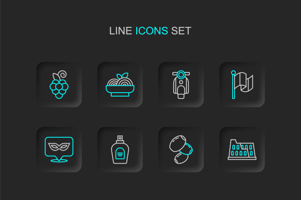 集线体育馆，橄榄，香水，狂欢节面具，国旗意大利，摩托车，意大利面意大利面和葡萄水果图标。向量图片下载