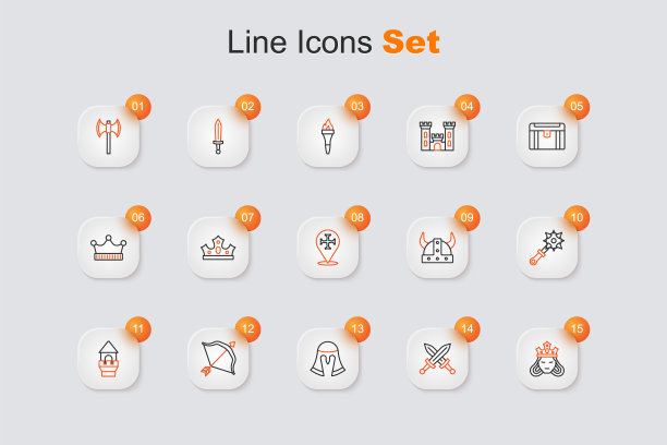 设定线公主或女王，交叉中世纪剑，中世纪头盔，弓箭，城堡塔，钉钉狼牙棒，维京角和十字军图标。向量图片下载