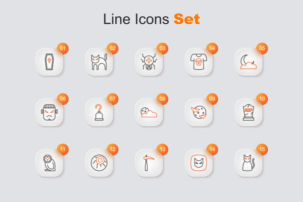 设置线黑猫，镰刀，眼睛，猫头鹰鸟，墓碑与RIP写，月亮和星星和图标。向量图片下载