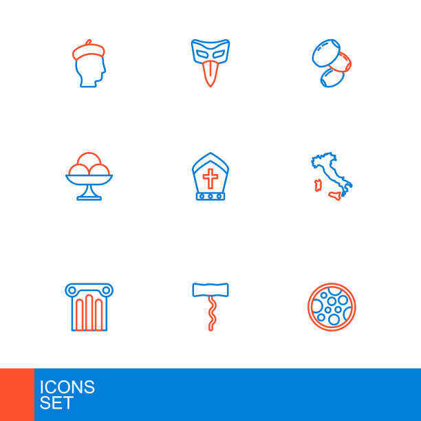 集线披萨，葡萄酒开瓶器，古代柱，意大利地图，冰淇淋碗，教皇帽，橄榄和嘉年华面具图标。向量图片下载