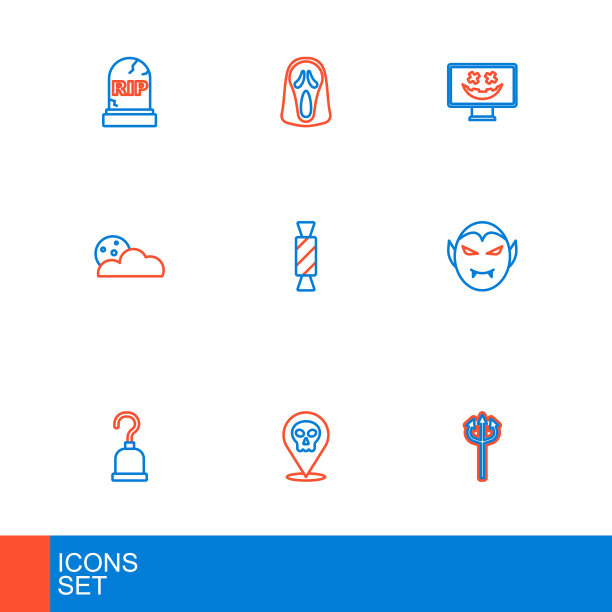 集线三叉戟魔鬼，骷髅，海盗钩，吸血鬼，月亮和星星，糖果，万圣节假期快乐和有趣的可怕鬼面具图标。向量图片下载