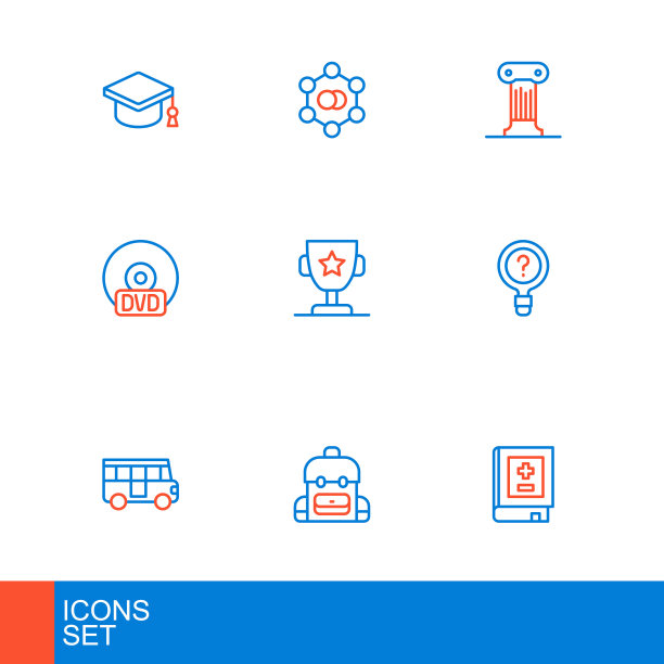 集线书与数学，学校背包，巴士，未知搜索，CD或DVD磁盘，奖杯，法律支柱和分子图标。向量图片下载