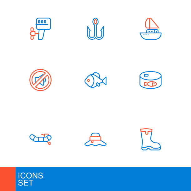 集线钓鱼靴，渔夫帽，充气船与马达，罐头鱼，扬声器静音，游艇帆船和钩图标。向量图片下载