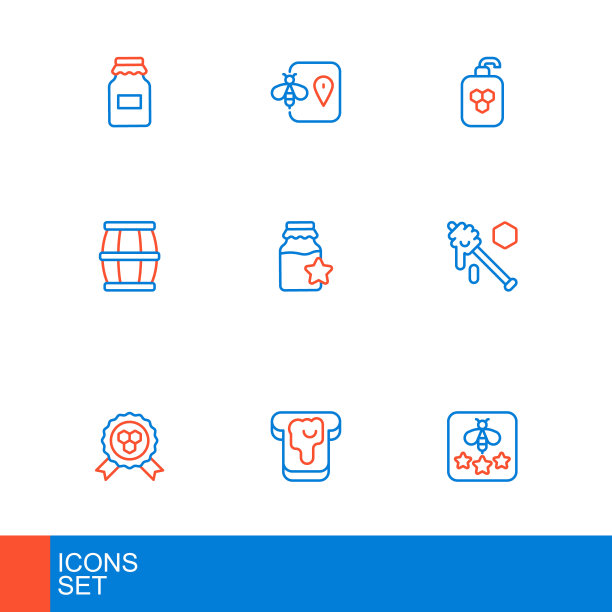 设置线类型的蜜蜂，面包与蜂蜜，蜂蜜奖，勺棒，木桶，罐子，化妆品管和蜜蜂的位置图标。向量图片下载