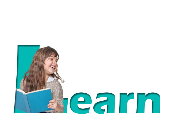 题词“学习”和小女孩的肖像。图片下载