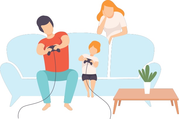爸爸妈妈和儿子坐在沙发上玩图片下载