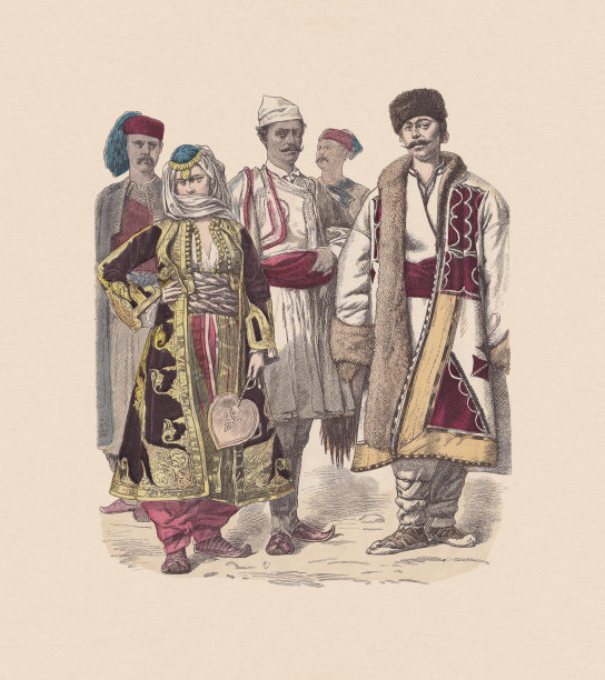 19世纪，土耳其服饰，手工着色木刻，大约出版于1880年图片下载