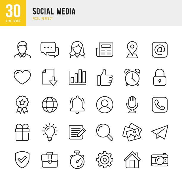 社交媒体-细线矢量图标集。像素完美。这套包含图标:男人，女人，电子邮件，语音泡泡，电话，新闻，心形，位置，消息，铃声，礼物，下载，锁。图片下载