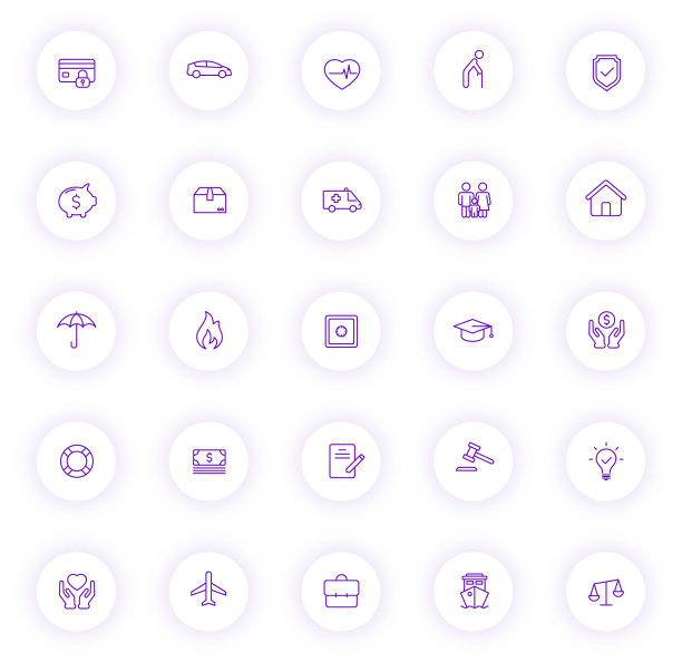 浅色圆形按钮上的紫色保险轮廓图标，带有紫色阴影。用于Web、移动应用程序、UI设计和打印的保险图标集图片下载